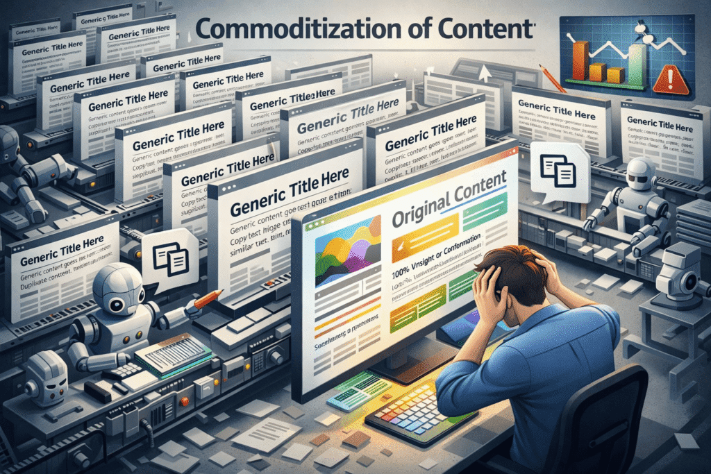 imagem representando a comoditização do conteúdo no SEO, ilustrando a evolução dos algoritmos de busca e o impacto do conteúdo de baixa qualidade