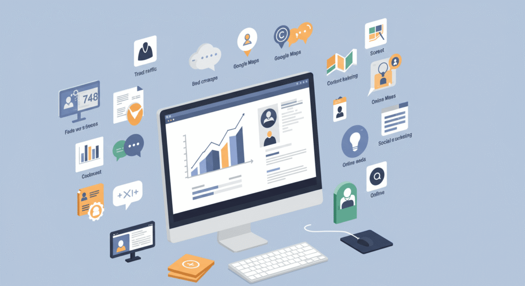 Empreendedor analisando dados de tráfego orgânico local em um laptop