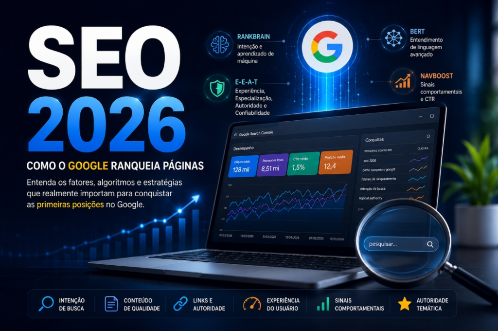 Como o Google ranqueia páginas em 2026, destacando fatores de SEO modernos como intenção de busca e experiência do usuário.